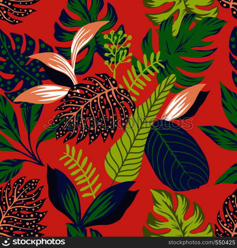 Abstract color tropical leaves seamless pattern on the trendy color living coral background flat vector style