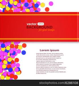 Abstract colored background with confetti, red ribbon and place for text. Vector illustration