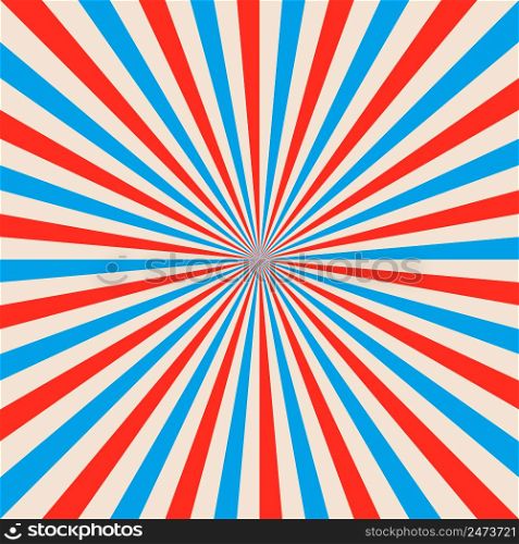 Abstract colored sunbeats vintage background. Red blue dream retro rays