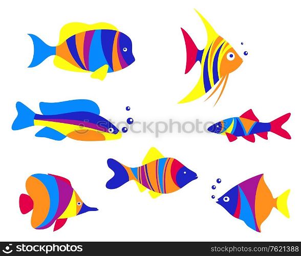 Abstract colorful aquarium fishes set isolated on white background