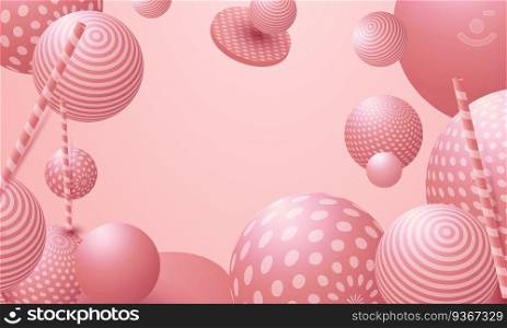 Abstract colorful balls. Pink Candies fly in zero gravity. Chaotic scatter confetti spheres. Festive party wallpaper.