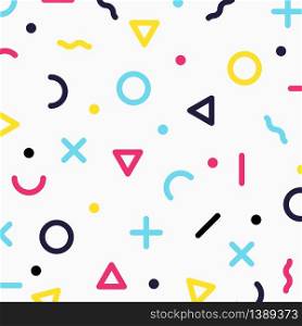 Abstract colorful geometric border pattern circle, dot, triangle line, cross shape on white background. Vector illustration