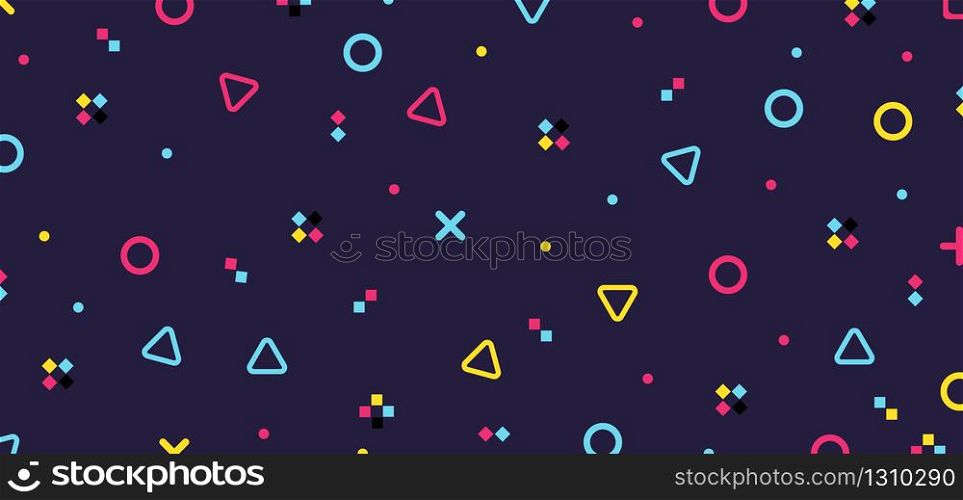 Abstract colorful geometric hipster pattern elements on purple background retro 80&rsquo;s. Vector illustration