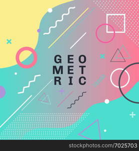 Abstract colorful geometric shapes and forms trendy fashion memphis style card design background. You can use for poster, brochure, layout, template or presentation. Vector illustration