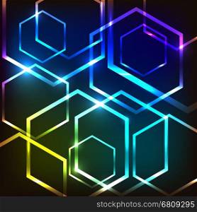 Abstract colorful glowing background with hexagons, stock vector
