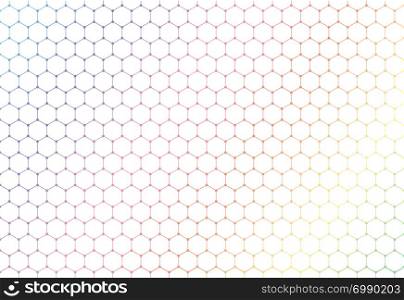 Abstract colorful hexagons seamless pattern on white background and texture. Hexagonal lines net with dots in the cross points. Vector illustration