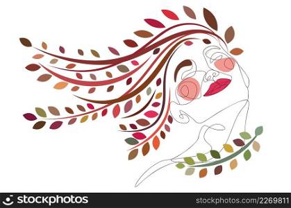Abstract colorful line art portrait of a woman smiles with closed eyes and floral illustration.