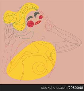 Abstract colorful line art portrait of a woman smiles with closed eyes illustration.