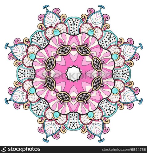 Abstract colorful round oriental ornament. Hand drawn vector illustration.. Abstract colorful round oriental ornament.
