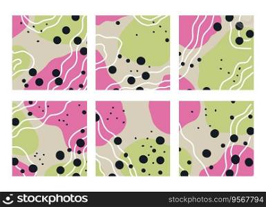 Abstract colorful shapes and dots, wavy lines, and decoration. Artwork split in pieces, watercolor decor or print for home interior design. Cover template or background. Vector in flat style. Lines and dots with abstract colorful shape vector