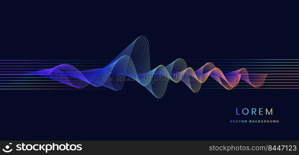Abstract colorful sound wave music lines flowing on dark blue background. You can use for ad, poster, template, business presentation. Vector illustration