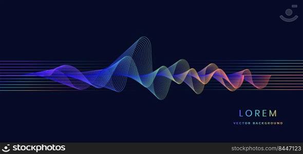 Abstract colorful sound wave music lines flowing on dark blue background. You can use for ad, poster, template, business presentation. Vector illustration