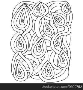 Abstract coloring book page, meditative teardrop spirals and stripes for creativity vector illustration