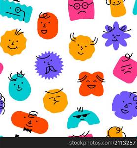 Abstract comic face pattern. Seamless print with geometric shapes characters with doodle faces. Vector texture colorful emotional. Abstract comic face pattern. Seamless print with geometric shapes characters with doodle faces. Vector texture