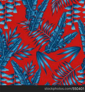 Abstract composition blue tropical palm leaves seamless living coral background. Trendy exotic pattern