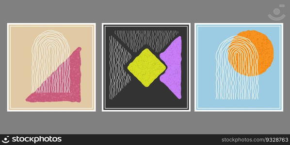 Abstract composition of distorted geometric shapes. A collection of posters or paintings in a minimalist style. Layout of interior design, prints and creative ideas