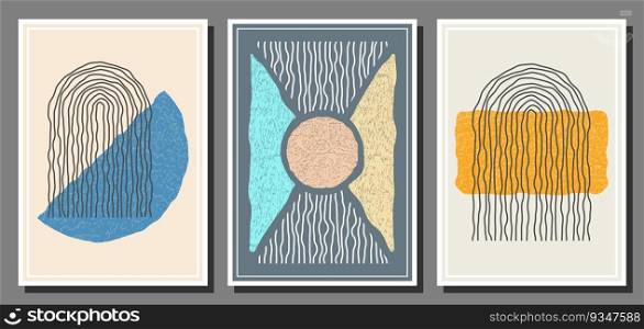 Abstract composition of distorted geometric shapes. A collection of posters or paintings in a minimalist style. Layout of interior design, prints and creative ideas
