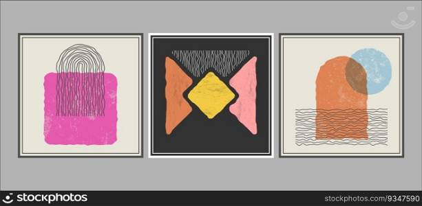 Abstract composition of distorted geometric shapes. A collection of posters or paintings in a minimalist style. Layout of interior design, prints and creative ideas