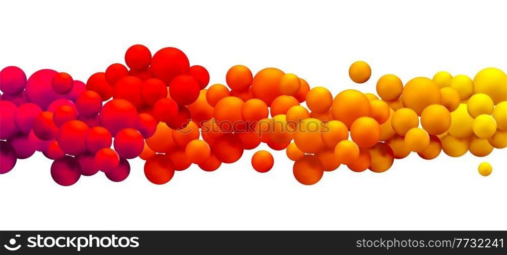 Abstract composition with many colorful balls in different sizes. Red, orange, yellow flying spheres. Realistic bubbles vector background. Holiday and birthday backdrop. Rainbow flying spheres. Abstract composition with colorful balls. Realistic vector background