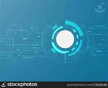 Abstract Computer Digital Technology background. Futuristic circuit board blue virtual graphic interface. Blank white 3d paper circle.