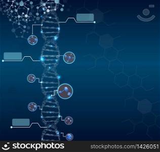 Abstract Concept of biochemistry with dna molecule on blue background
