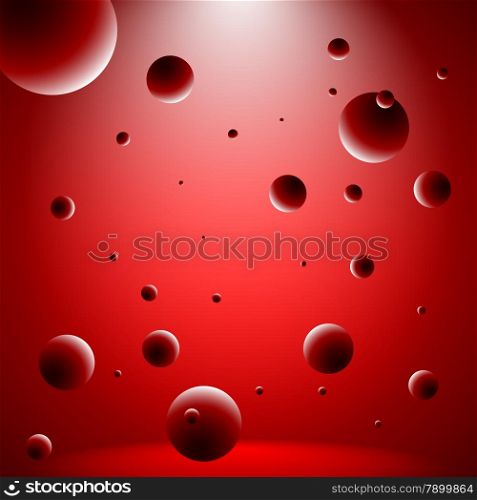 Abstract conceptual red lightened room with flying balls