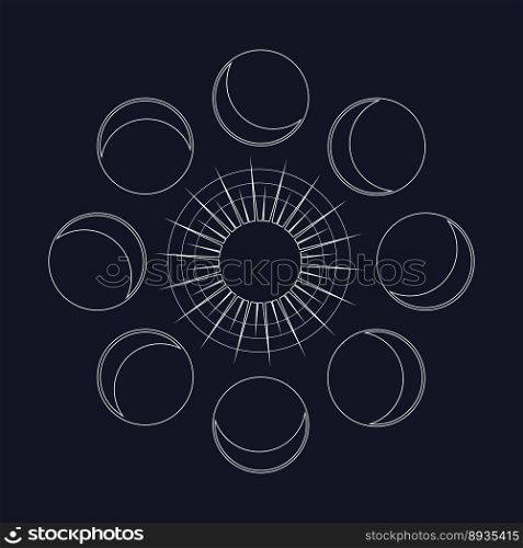 Abstract contemporary aesthetic background with Moon phases, with the sun. Boho wall decor. Modern minimalist art print. Organic natural shape. Magic concept. Vector illustration. Abstract contemporary aesthetic background with Moon phases, with the sun. Boho wall decor. Modern minimalist art print. Organic natural shape. Magic concept. Outline, line, icon. black background.