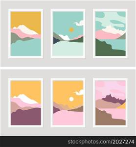 Abstract contemporary aesthetic backgrounds landscapes Boho wall decor. Mountain background wall art vector. flat design. Abstract contemporary aesthetic backgrounds landscapes set with mountains