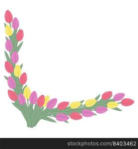 Abstract corner floral frame of colorful blooming tulips shaped into a pigtail in trendy pale hues. Isolate. 8 March. Woman day. Happy Mothers Day. Copyspase. Nice for wrapping, print or poster. EPS