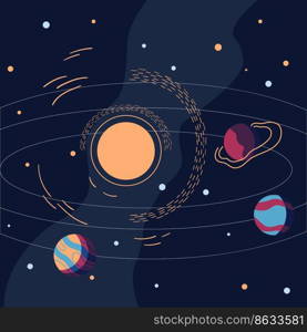 Abstract cosmos. Sun and fantastic planets. Stars in outer space, black sky background. Saturn jupiter and venus. Cosmic exploration, universe discovery. Square poster. Vector isolated space elements. Abstract cosmos. Sun and fantastic planets. Stars in outer space, black sky background. Saturn jupiter and venus. Cosmic exploration, universe discovery. Square poster. Vector space elements