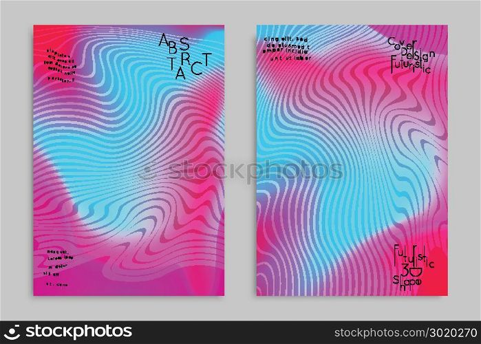Abstract cover template with stripes on colorful blurred background. Poster with gradient colored fluid shapes. Bright liquid striped futuristic banner with marble texture over glow color.
