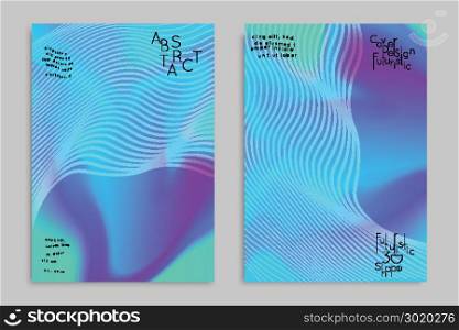 Abstract cover template with stripes on colorful blurred background. Poster with gradient colored fluid shapes. Bright liquid striped futuristic banner with marble texture over glow color.
