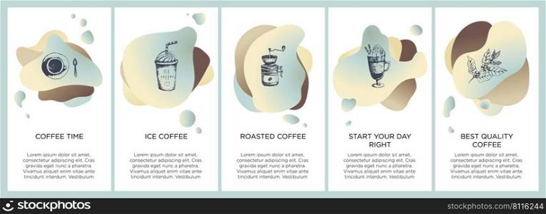 Abstract creative coffee set with copy space for text and hand draw coffe icons. Vector concept for coffee shop house, cafe with blue modern liquid background. Template for website, app.