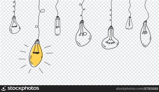 Abstract creative concept background. Hand drawn of hanging light bulbs with one shining. Concept of creative idea in simple linear style. Doodle Light bulb idea. Vector illustration