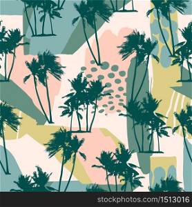 Abstract creative seamless pattern with tropical palms and artistic background. Modern exotic design for paper, cover, fabric, interior decor and other users.. Abstract creative seamless pattern with tropical palms and artistic background.