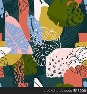 Abstract creative seamless pattern with tropical plants and artistic background. Modern exotic design for paper, cover, fabric, interior decor and other users.. Abstract creative seamless pattern with tropical plants and artistic background.
