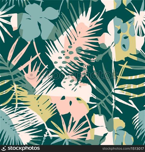 Abstract creative seamless pattern with tropical plants and artistic background. Modern exotic design for paper, cover, fabric, interior decor and other users.. Abstract creative seamless pattern with tropical plants and artistic background