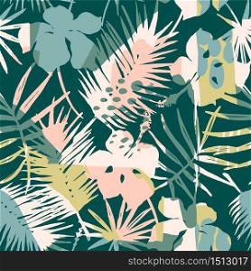 Abstract creative seamless pattern with tropical plants and artistic background. Modern exotic design for paper, cover, fabric, interior decor and other users.. Abstract creative seamless pattern with tropical plants and artistic background