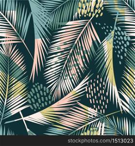 Abstract creative seamless pattern with tropical plants and artistic background. Modern exotic design for paper, cover, fabric, interior decor and other users.. Abstract creative seamless pattern with tropical plants and artistic background.