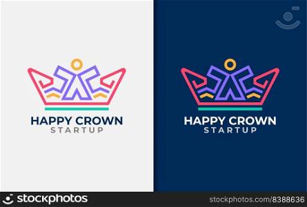 Abstract Crown Logo Design with Colorful Lines and Happiness People Style Concept. Vector Logo Illustration.