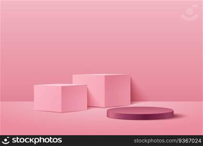 Abstract cube and round display for product on website in modern. Background rendering with podium and minimal pink texture wall scene, 3d rendering geometric shape red pink color. Vector EPS10