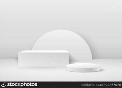 Abstract cube and round display for product on website in modern. Background rendering with podium and minimal white texture wall scene, 3d rendering geometric shape grey color. Vector illustration