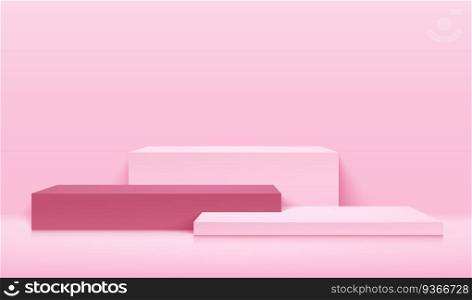 Abstract cube display for product on website in modern. Pastel background rendering with podium and minimal texture wall scene, 3d rendering geometric shape light pink color. Vector illustration