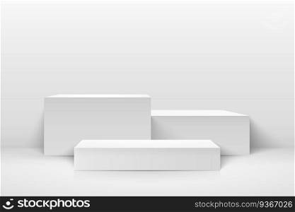 Abstract cube display for product on website in modern. Background rendering with podium and minimal white texture wall scene, 3d rendering geometric shape grey color. Vector illustration