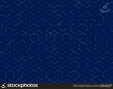 Abstract cube pattern on dark blue background. Digital geometric lines square mesh. Vector illustration
