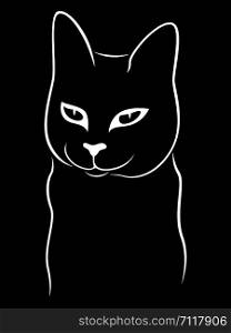 Abstract cunning cat stencil looking smiling, black vector hand drawing on white background