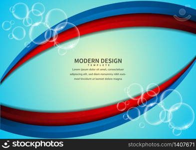 Abstract curve red and blue vibrant layer overlapping on blue gradient background decor bubble. Template design with copy space for text. Vector illustration