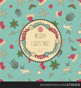 Abstract Cute Christmas Card With Seamless Holiday Pattern