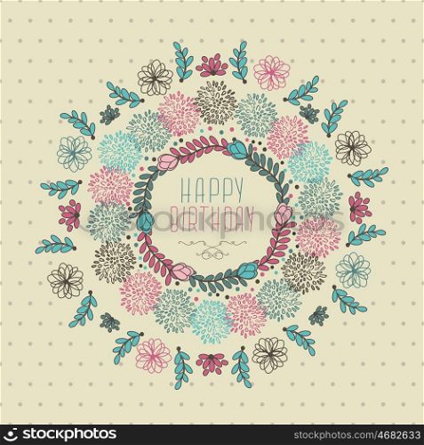 Abstract Cute Happy Birthday Floral Design With Flowers And Leaves