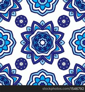 Abstract damask mandala seamless ornamental pattern for fabric. Vector blue azulejo tile. Tiled ethnic pattern for fabric. Abstract geometric mosaic vintage seamless pattern ornamental.